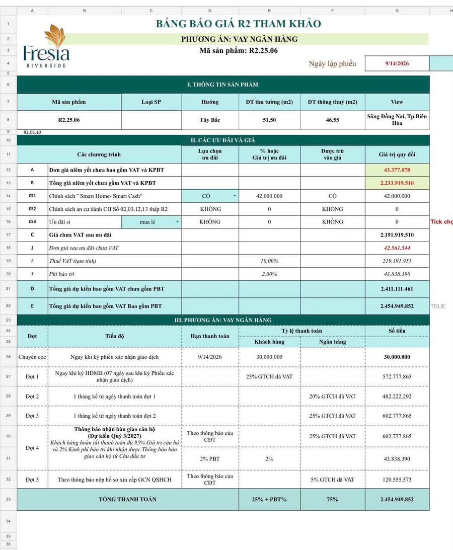 Bán căn hộ 2PN Fresia Riverside, 51.5m² view sông, 2.454 tỷ - Ảnh thu nhỏ 5