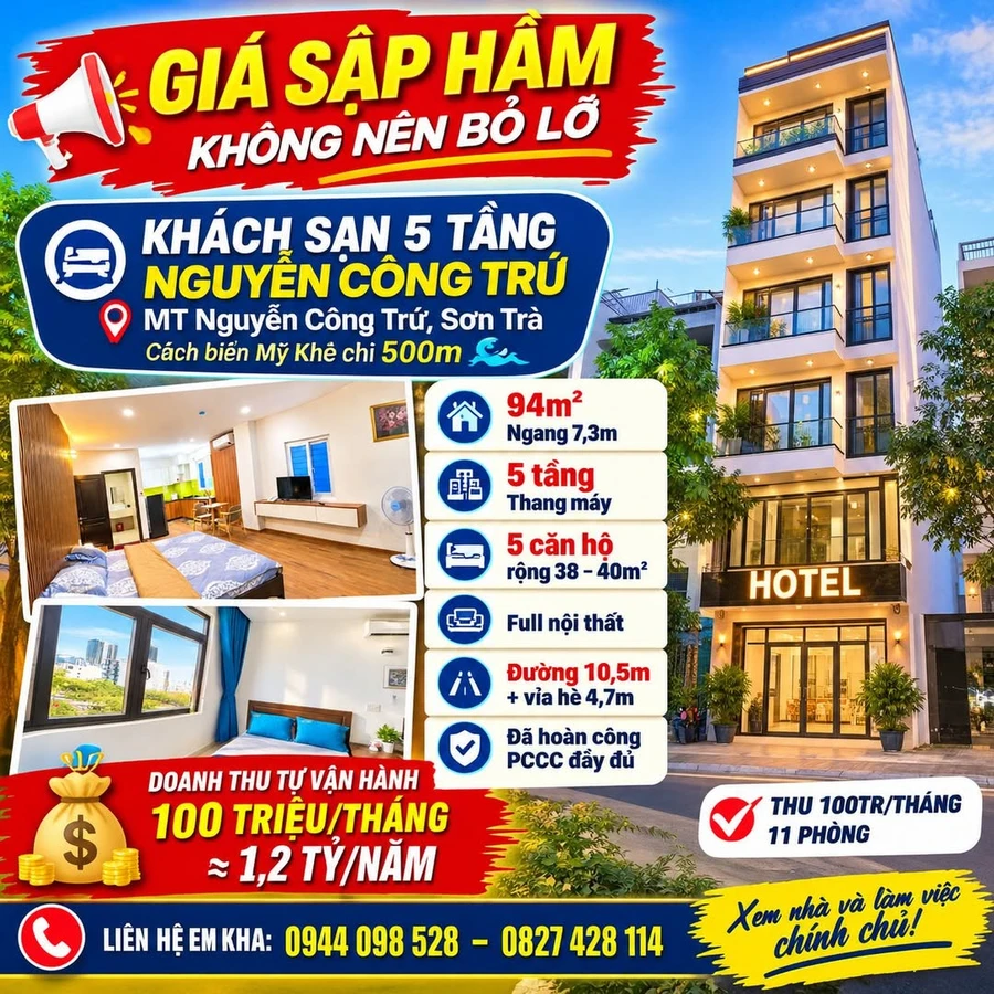 Bán khách sạn 5 tầng 94m2 mặt tiền Nguyễn Công Trứ, Sơn Trà, Đà Nẵng, 11 phòng, giá 16,8 tỷ - Ảnh 1
