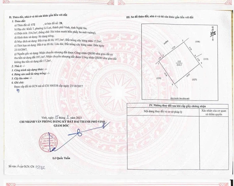 Bán lô đất có sẵn nhà 2 tầng 214m2 Lê Lợi, TP Vinh