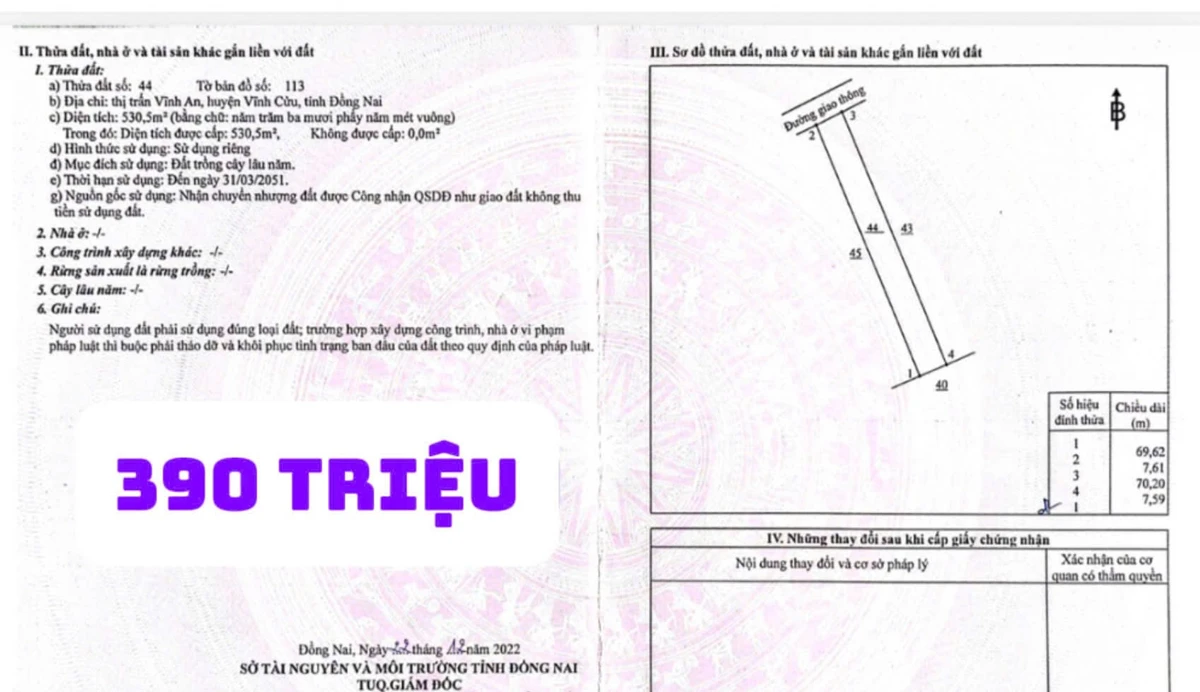 Bán đất Trị An 530m2, sổ hồng riêng 390 triệu - Ảnh thu nhỏ 2