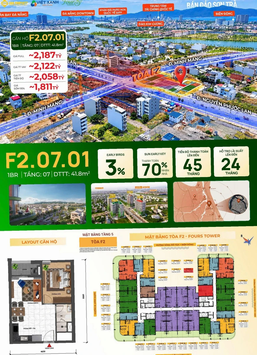Bán căn hộ 1PN Four's Tower Đà Nẵng 41,8m² giá 2,187 tỷ - Ảnh 1