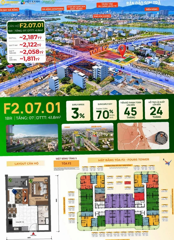 Bán căn hộ 1PN Four's Tower Đà Nẵng 41,8m² giá 2,187 tỷ