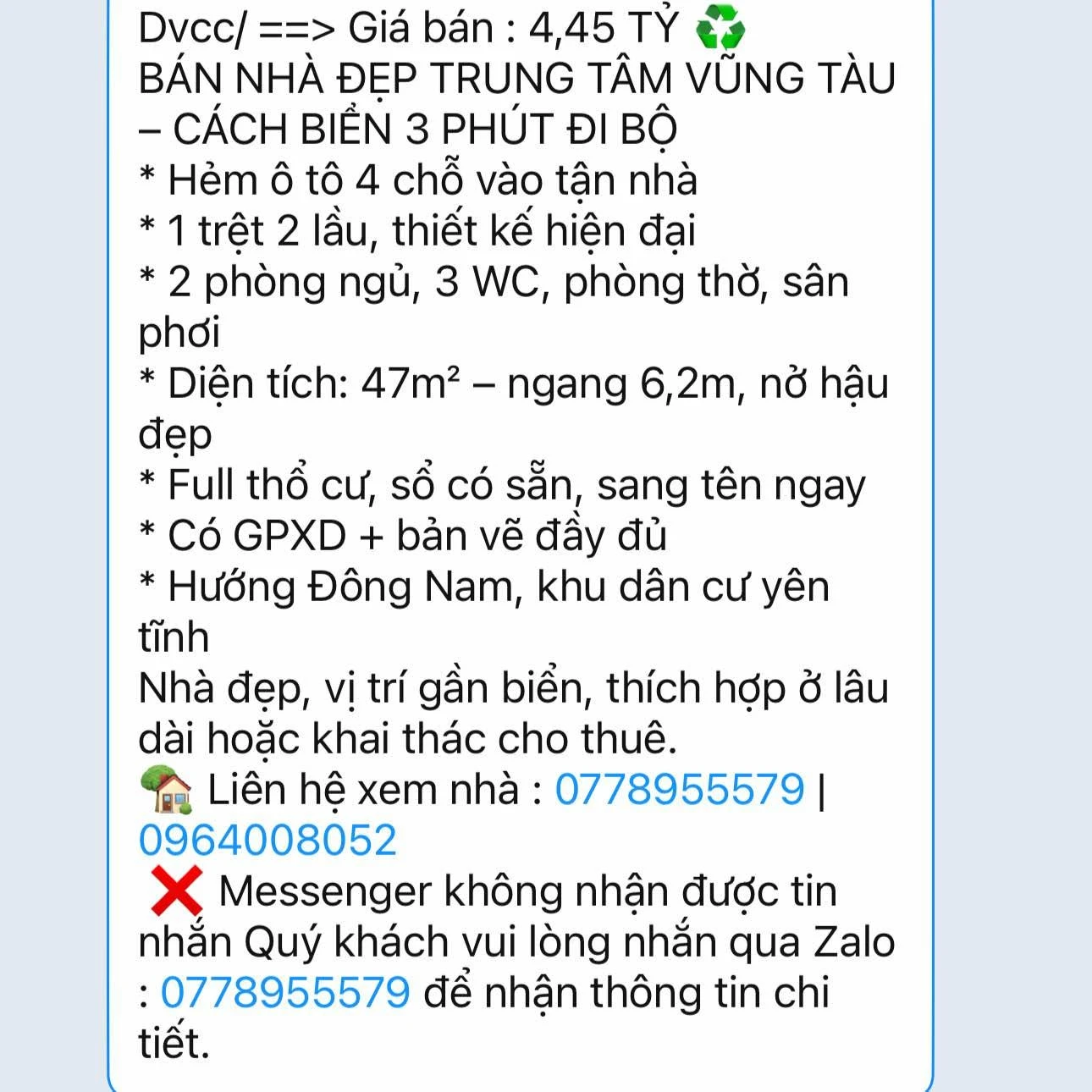 Bán nhà 2 phòng ngủ 47m² gần biển Vũng Tàu 4,45 tỷ - Ảnh 1