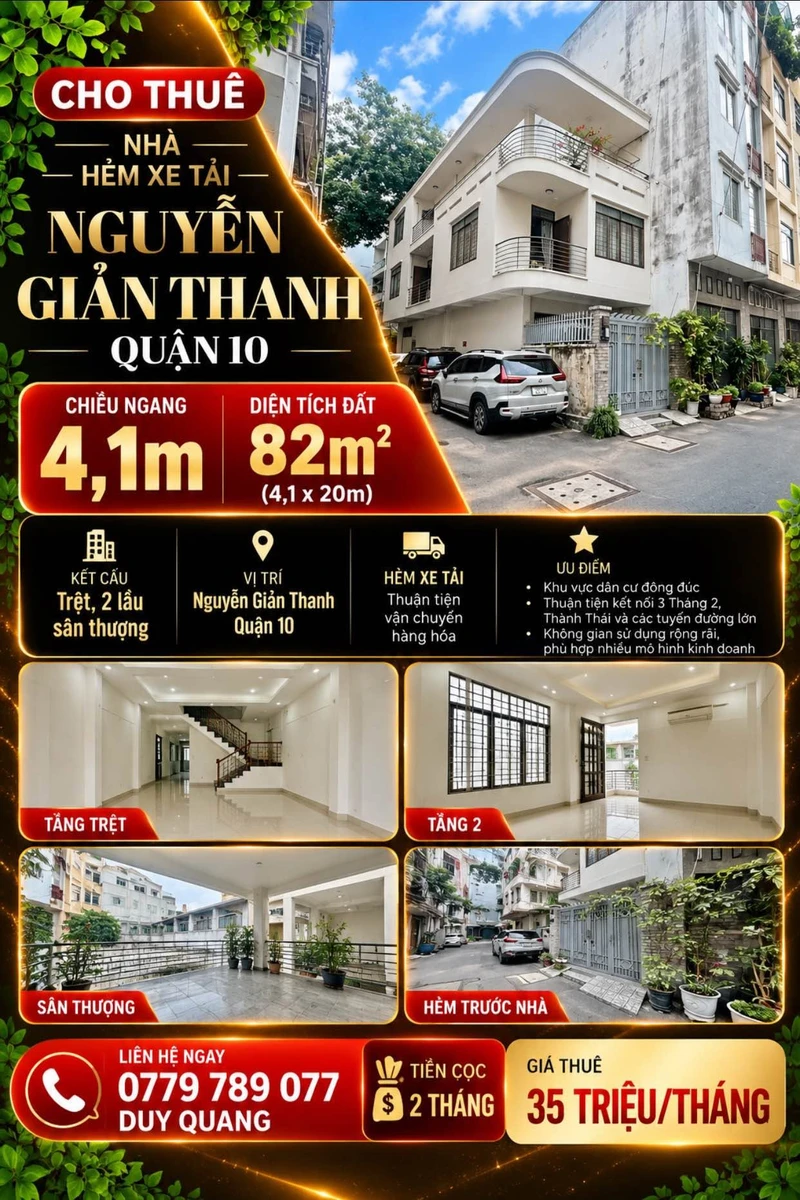 Cho thuê nhà hẻm xe tải Nguyễn Giản Thanh Quận 10, 82m², 35tr/tháng - Ảnh 1