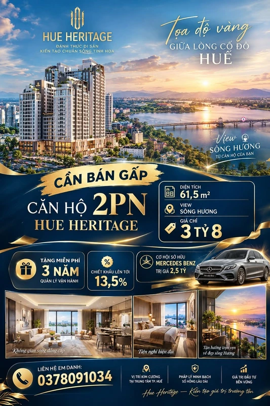 Bán căn hộ 2PN 61,5m² Hue Heritage view sông, 3,8 tỷ