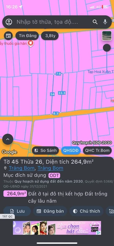 Bán đất Trảng Bom 264m² giá 2,3 tỷ