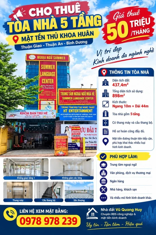 Cho thuê tòa nhà 5 tầng mặt tiền Thủ Khoa Huân, Bình Dương, 898m²