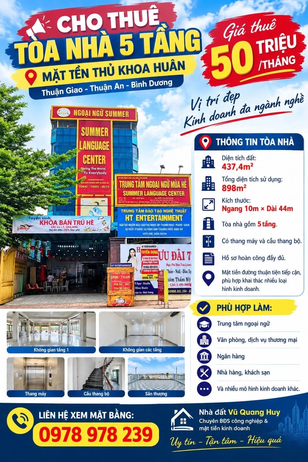 Cho thuê tòa nhà 5 tầng mặt tiền Thủ Khoa Huân, Bình Dương, 898m² - Ảnh 1