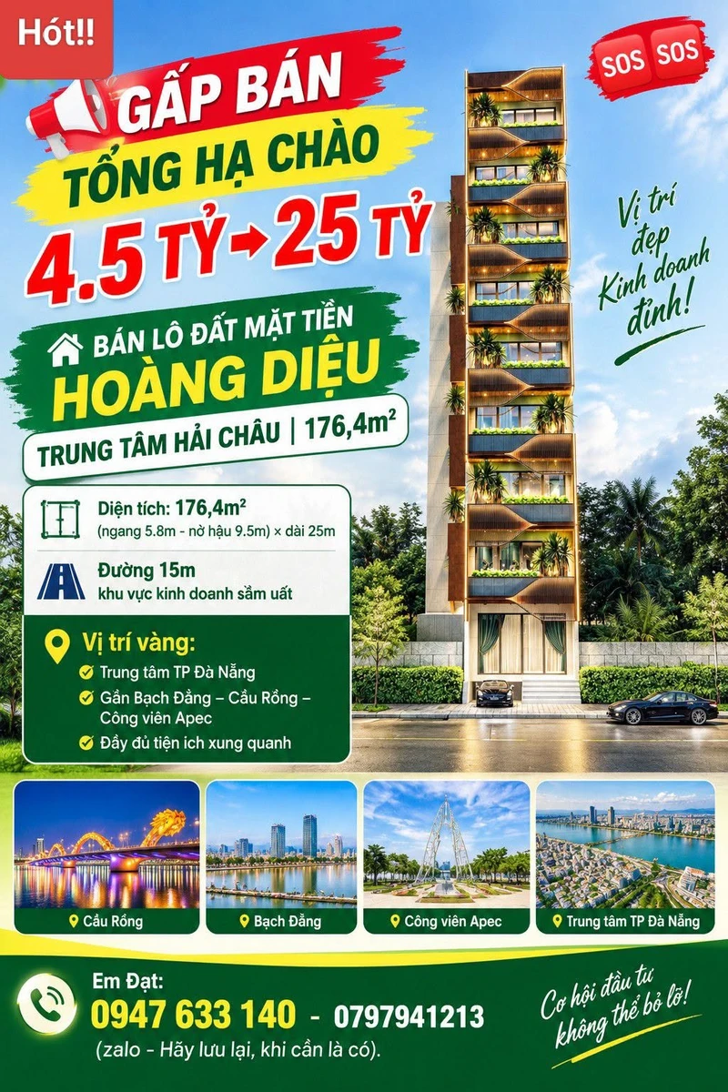 Gấp bán đất mặt tiền Hoàng Diệu, Đà Nẵng 176,4m², đường 15m, gần Cầu Rồng - Ảnh 1