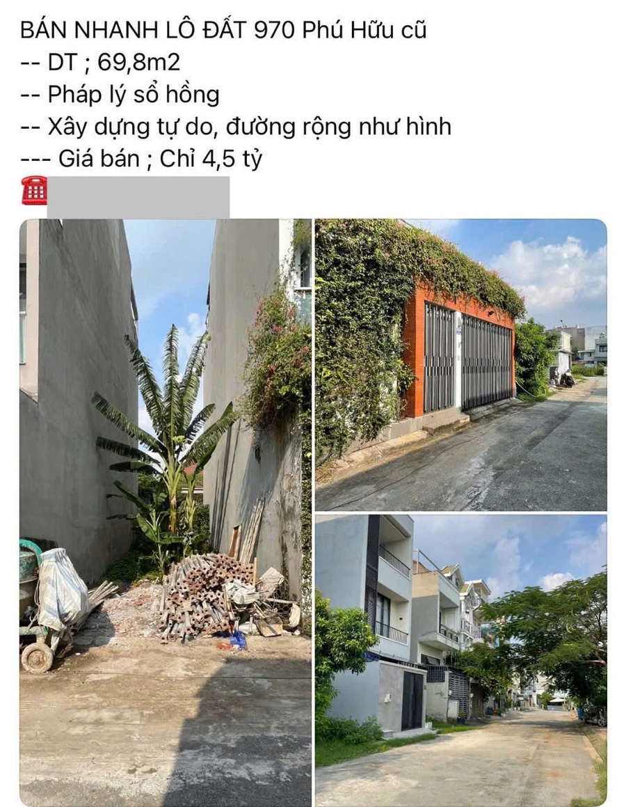 Bán đất 70m2 đường Nguyễn Duy Trinh Phú Hữu 4,23 tỷ - Ảnh 1