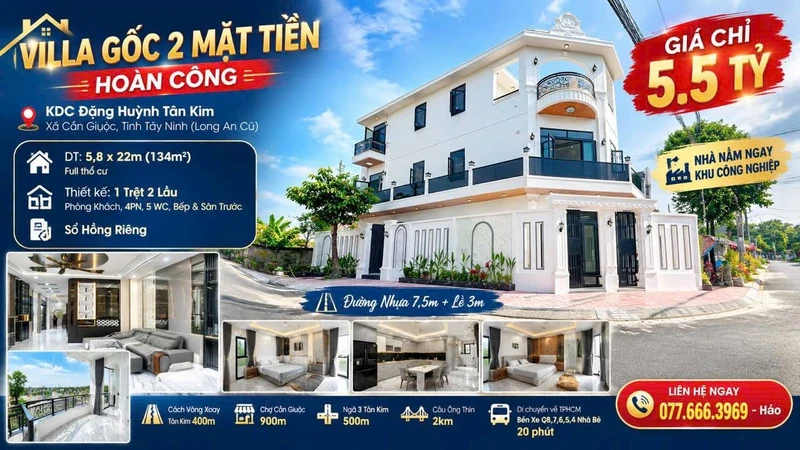 Bán villa 2 mặt tiền 134m2 KDC Đặng Huỳnh, Cần Giuộc, 4PN 5WC, sổ hồng riêng