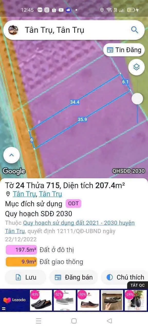 Bán đất 6x35m trung tâm Xã Tân Trụ, 1 tỷ 200 triệu - Ảnh 1
