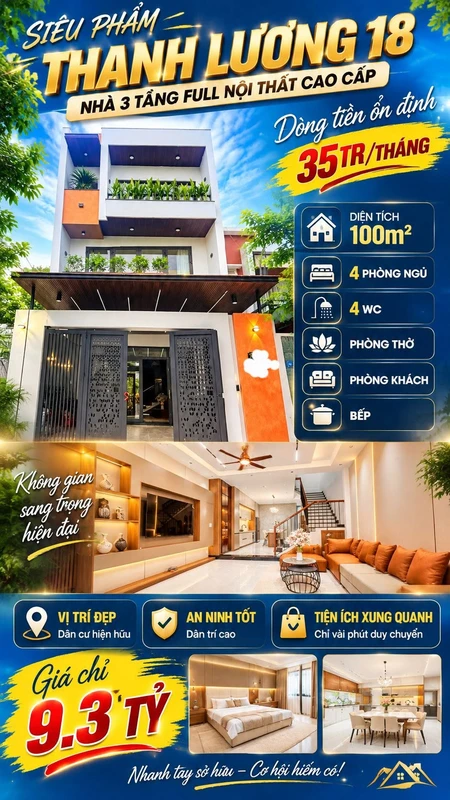 Bán nhà 3 tầng 4PN 100m² Thanh Lương 18 Đà Nẵng 9,3 tỷ