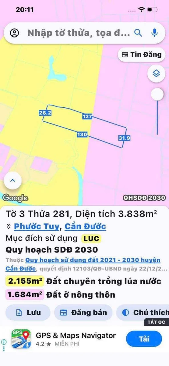 Bán 4000 m² đất lúa Ấp 6 Xã Phước Tuy Cần Đước Long An - Ảnh 1