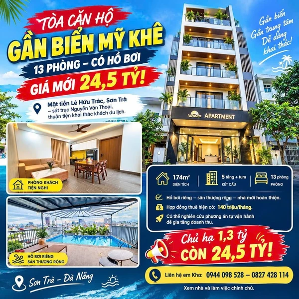 Bán tòa căn hộ 13 phòng gần biển Mỹ Khê, 174m², 24,5 tỷ