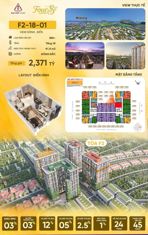 Bán căn hộ 1PN+ Fours Tower 41,8m² view sông, biển giá 2,371 tỷ tại Đà Nẵng