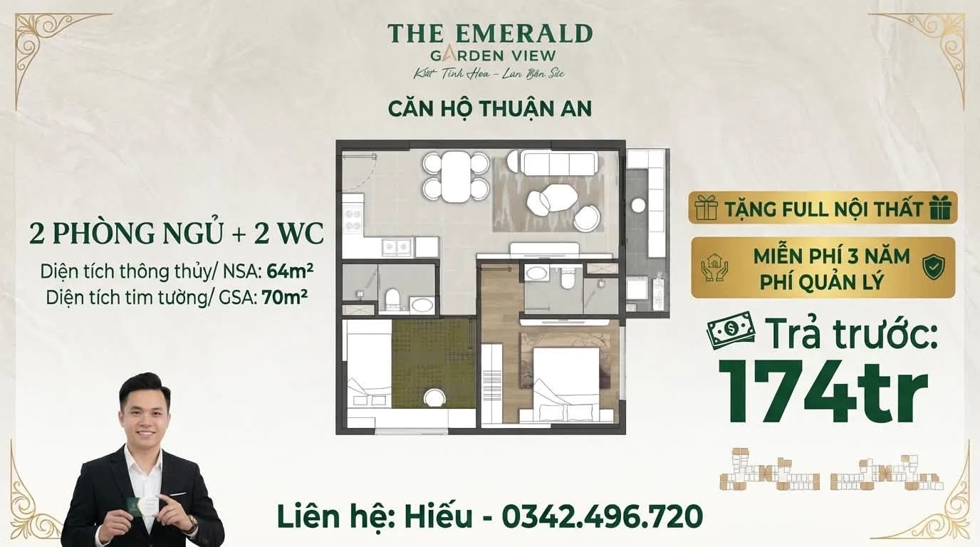 Bán căn hộ 2PN 2WC 64m² Thuận An, trả trước 174 triệu - Ảnh 1