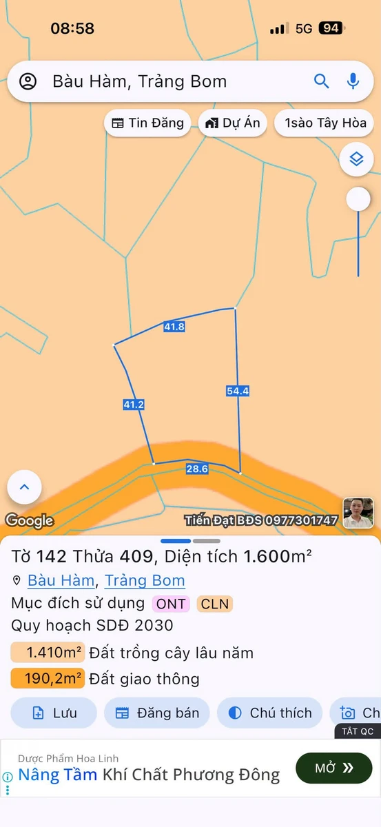 Bán đất 1600m2 mặt tiền đường nhựa tại Bàu Hàm, Trảng Bom, Đồng Nai - Ảnh 1