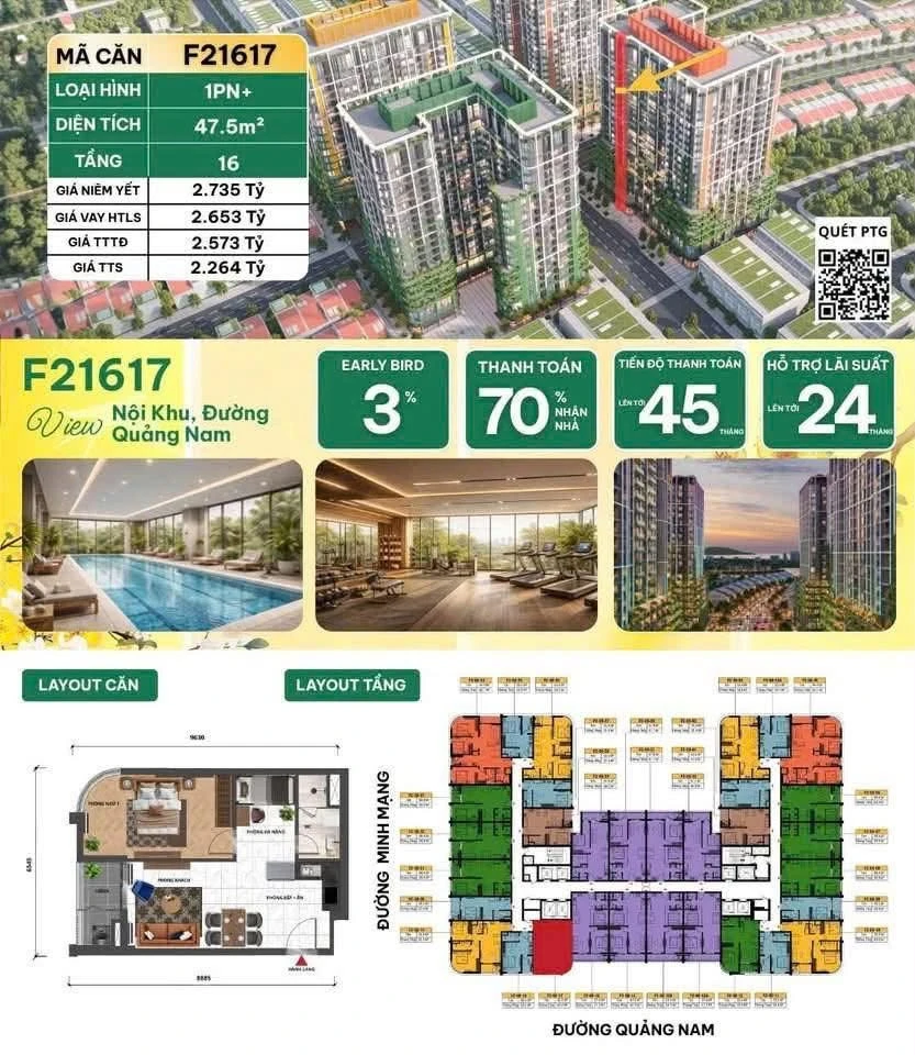 Bán căn hộ 1PN+ 47,5m² tầng 16 giá 2,264 tỷ, Nguyễn Phước Lan, Đà Nẵng - Ảnh 1