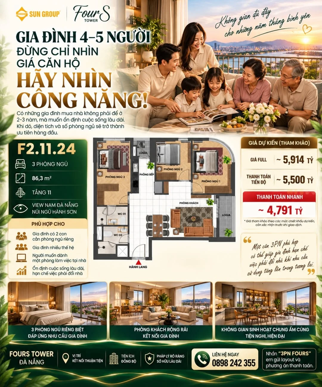 Bán căn hộ 3 phòng ngủ 86,3m² tầng 11 FourS Tower Đà Nẵng - Ảnh 1
