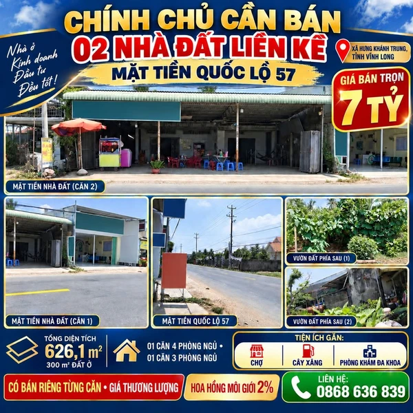Bán 2 nhà đất liền kề mặt tiền Quốc lộ 57, Vĩnh Long, 626m²