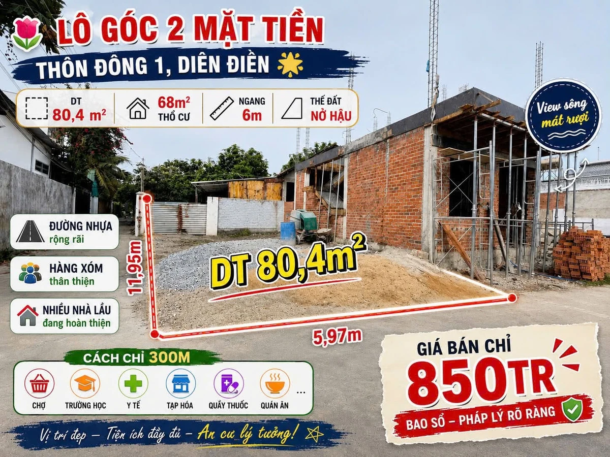 Bán đất góc 2 mặt tiền 80.4m² Diên Điền 850 triệu - Ảnh 1
