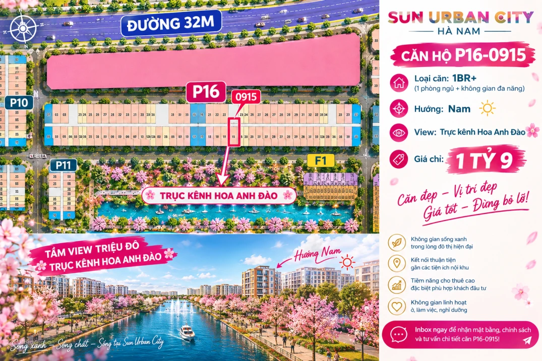 P16 - 0915 | 1BR + | Hiếm có căn hướng Nam tòa P16 dự án Sun Hà Nam - Ảnh 1