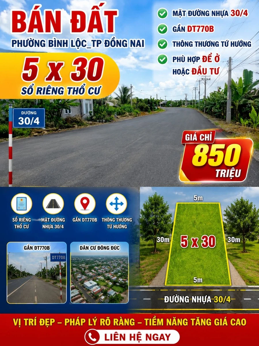 Bán đất mặt tiền 30/4, Bình Lộc, Đồng Nai, 150m², 850 triệu - Ảnh 1