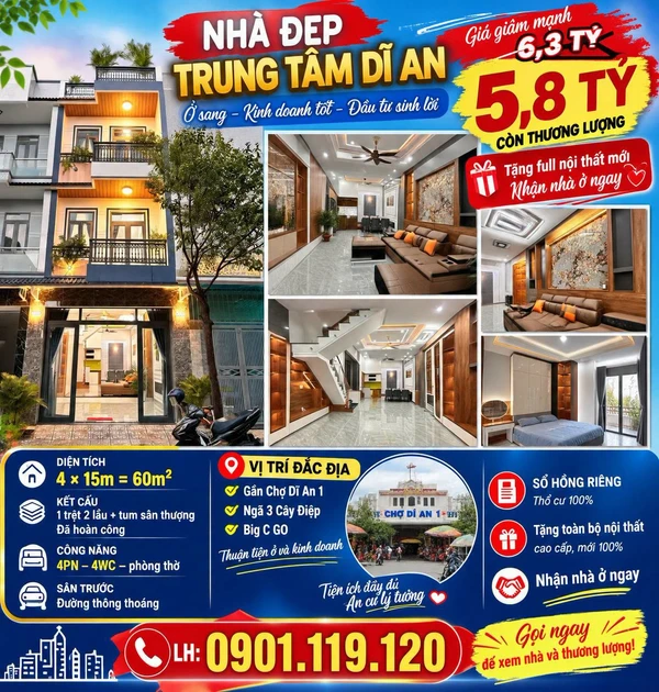 Bán nhà 1 trệt 2 lầu 60m² trung tâm Dĩ An, 4PN, giá 5,8 tỷ