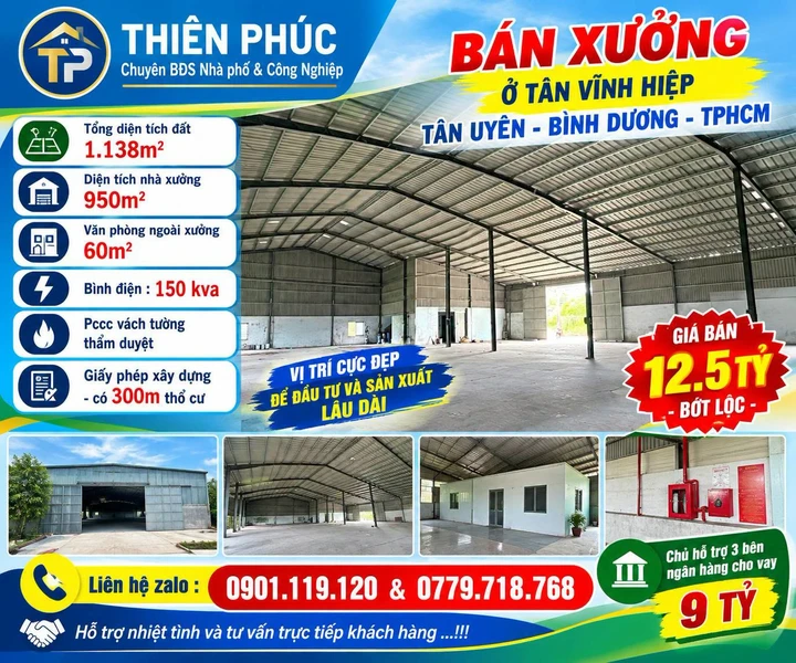 Bán nhà xưởng 1.138m2 tại Tân Vĩnh Hiệp, Tân Uyên, Bình Dương giá 12,5 tỷ