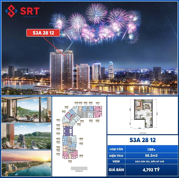 Bán căn hộ 1PN+ 58,2m² view sông Hàn, biển Mỹ Khê, giá 4,792 tỷ tại Đà Nẵng