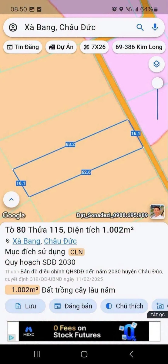 Bán đất Xà Bang Châu Đức 63m² 1 tỷ 150 triệu - Ảnh thu nhỏ 2