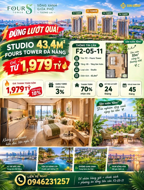 Bán căn hộ studio 43,4m² Fours Tower Đà Nẵng giá 1,979 tỷ