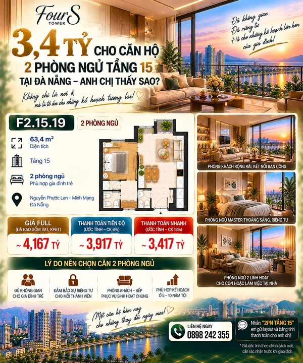 Bán căn hộ 2 phòng ngủ 63,4m² tầng 15 tại Đà Nẵng 3,4 tỷ