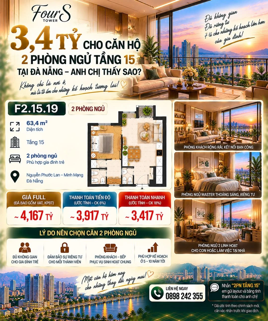 Bán căn hộ 2 phòng ngủ 63,4m² tầng 15 tại Đà Nẵng 3,4 tỷ - Ảnh 1