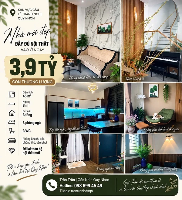 Bán nhà 3 tầng 45m² ngang 8m Quy Nhơn, 3,9 tỷ, full nội thất