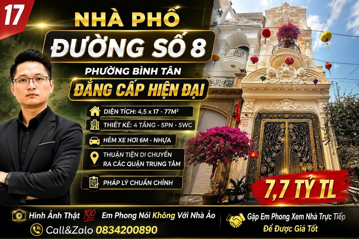 Bán nhà phố 4 tầng 77m2, 5PN, 5WC đường số 8, Bình Tân giá 7,7 tỷ - Ảnh 1