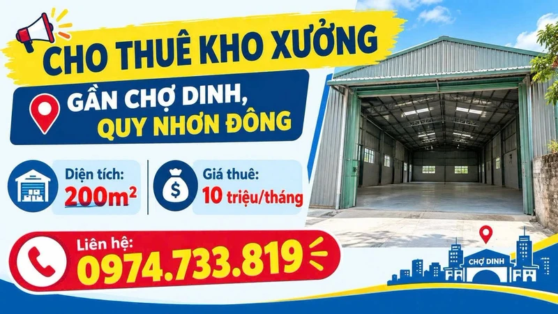 Cho thuê kho xưởng 200m² gần chợ Định, Quy Nhơn 10tr/tháng