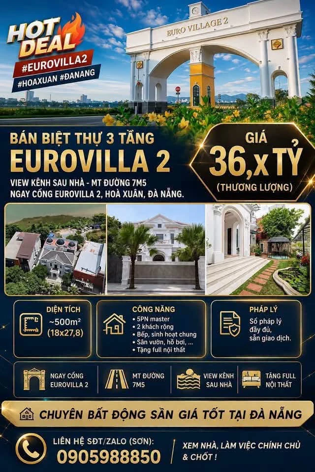 Bán biệt thự 3 tầng 500m2 view kênh Eurovilla 2 Hòa Xuân Đà Nẵng - Ảnh 1