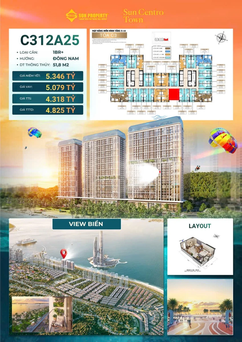 Bán căn 1PN+ Sun Centro Town 51,8m² view biển 4,318 tỷ Bãi Cháy - Ảnh 1