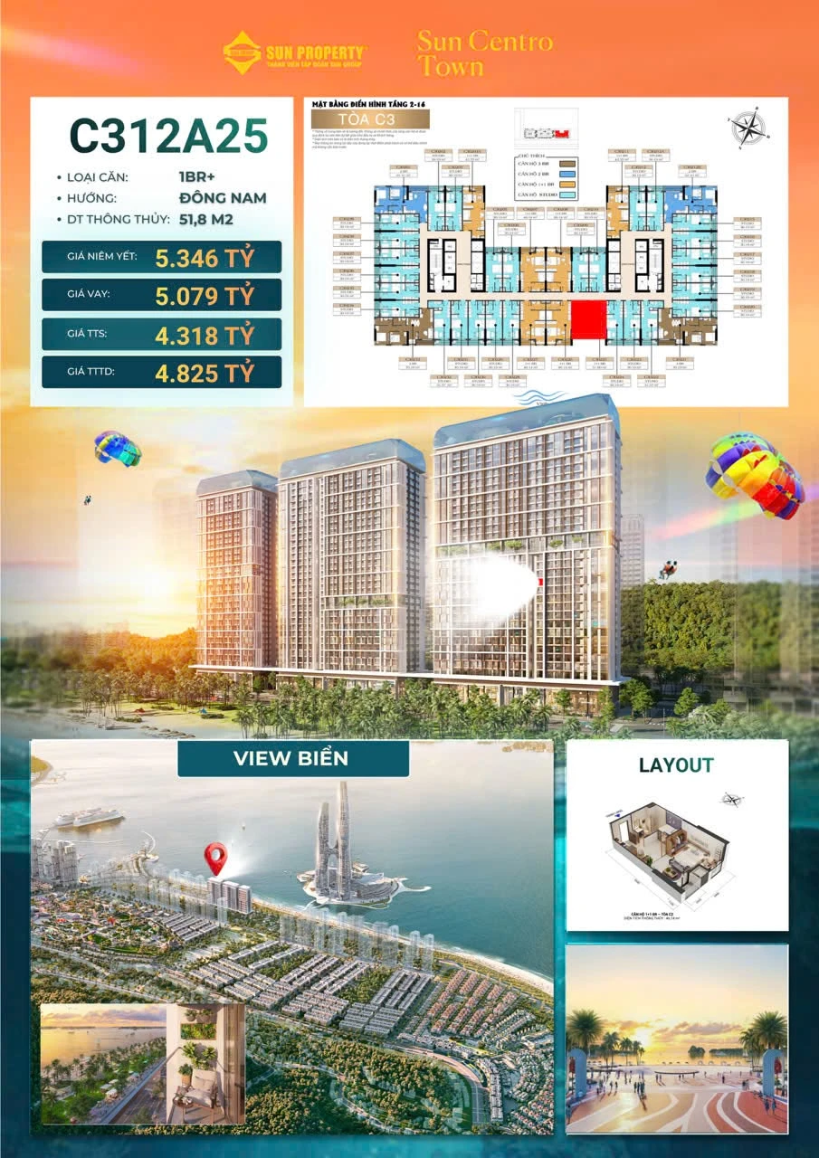 Bán căn 1PN+ Sun Centro Town 51,8m² view biển 4,318 tỷ Bãi Cháy - Ảnh 1