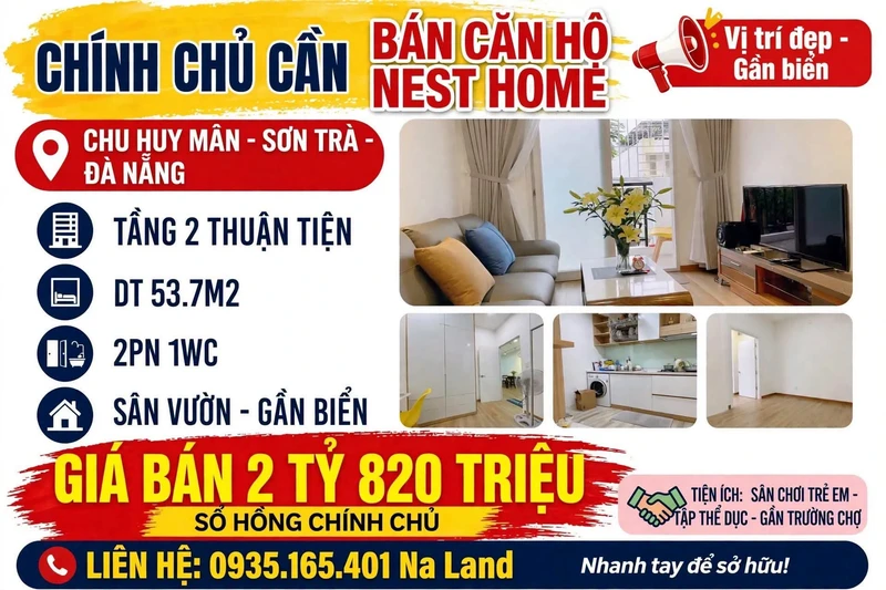 Bán căn hộ Nest Home 2PN 53.7m² Đà Nẵng 2.82 tỷ