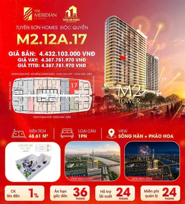 Bán căn hộ The Meridian Đà Nẵng 48,61m² 1PN view Sông Hàn