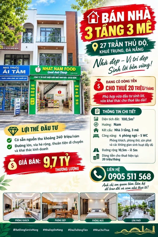 Bán nhà 3 tầng 294m² Trần Thủ Độ, Đà Nẵng 9,7 tỷ