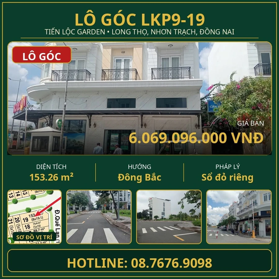 Bán lô góc đất nền 153m² Tiến Lộc Garden Nhơn Trạch 6 tỷ - Ảnh 1