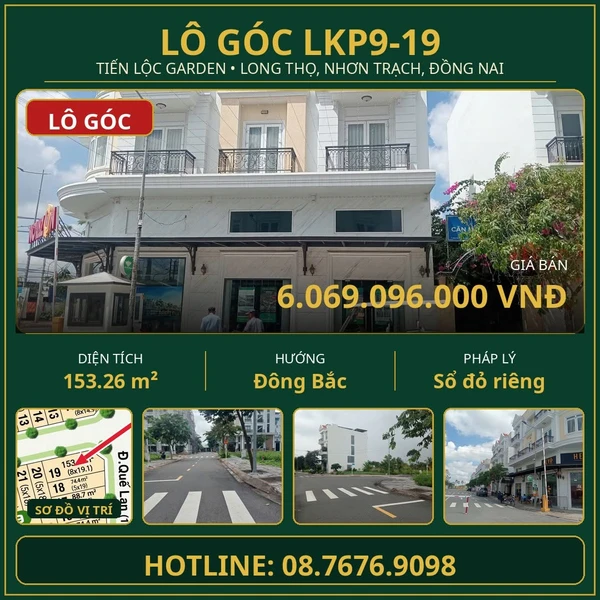 Bán lô góc đất nền 153m² Tiến Lộc Garden Nhơn Trạch 6 tỷ