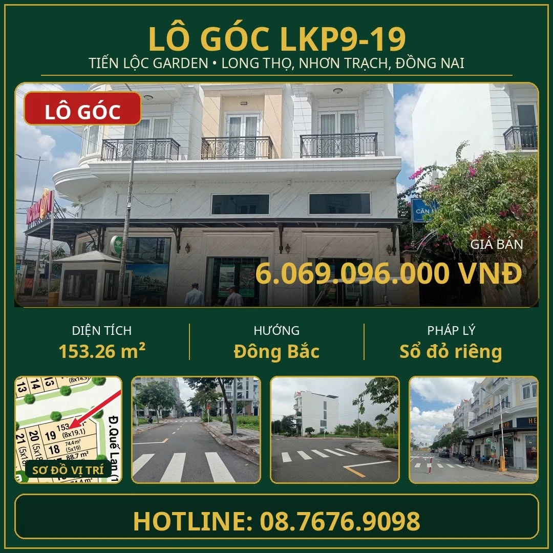 Bán lô góc đất nền 153m² Tiến Lộc Garden Nhơn Trạch 6 tỷ - Ảnh 1