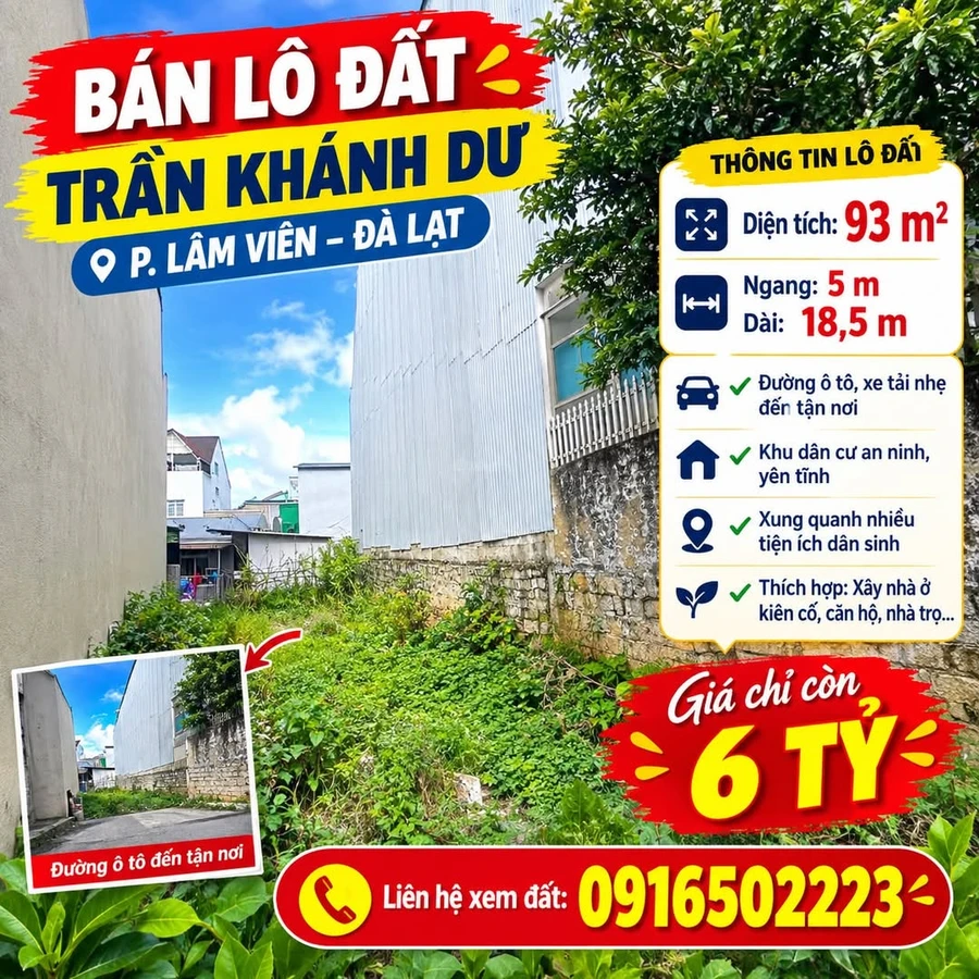 Bán lô đất 93m² Trần Khánh Dư, Đà Lạt, 6 tỷ - Ảnh 1
