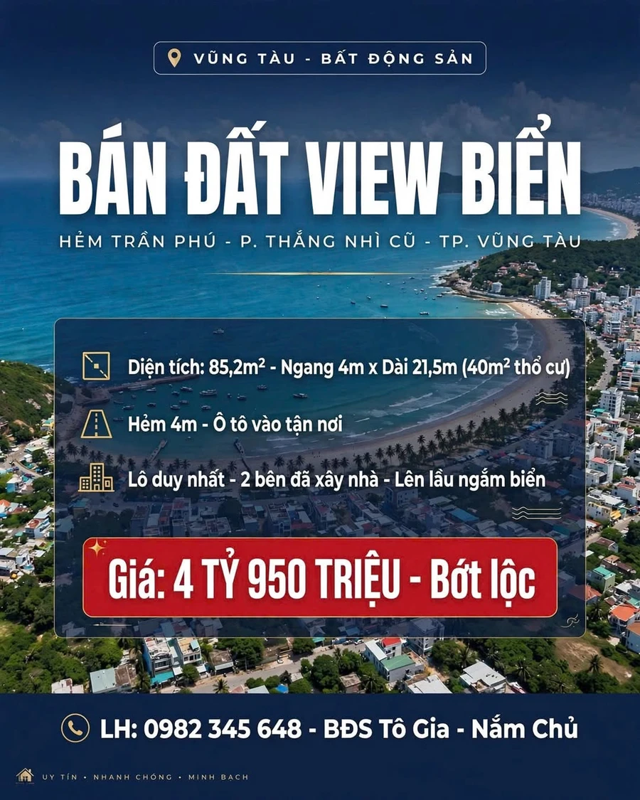 Bán đất hẻm Trần Phú view biển, 85.2m² Vũng Tàu - Ảnh 1