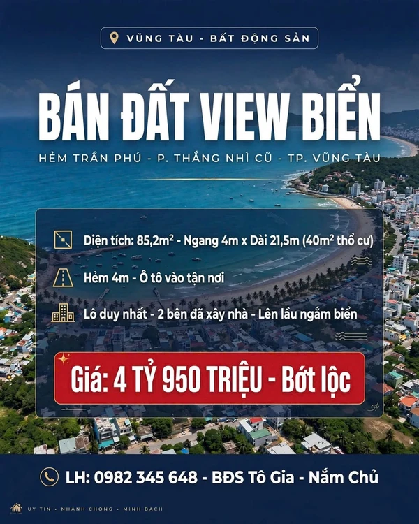 Bán đất hẻm Trần Phú view biển, 85.2m² Vũng Tàu
